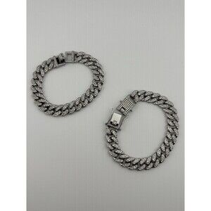 2pc Iced Out Cuban Link Bracelet Anklet Set Silver Tone Rhinestone 20cm